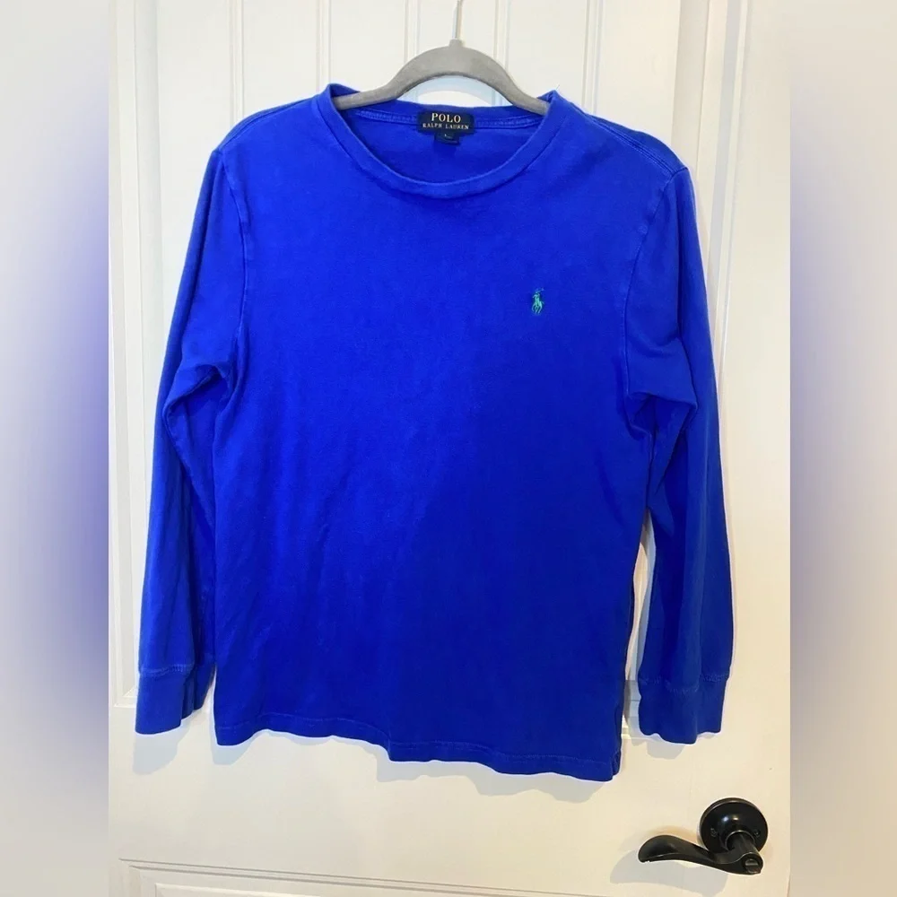 Ralph Lauren Boy long sleeve crewneck shirt, sz 14-16, Royal blue w/green horse